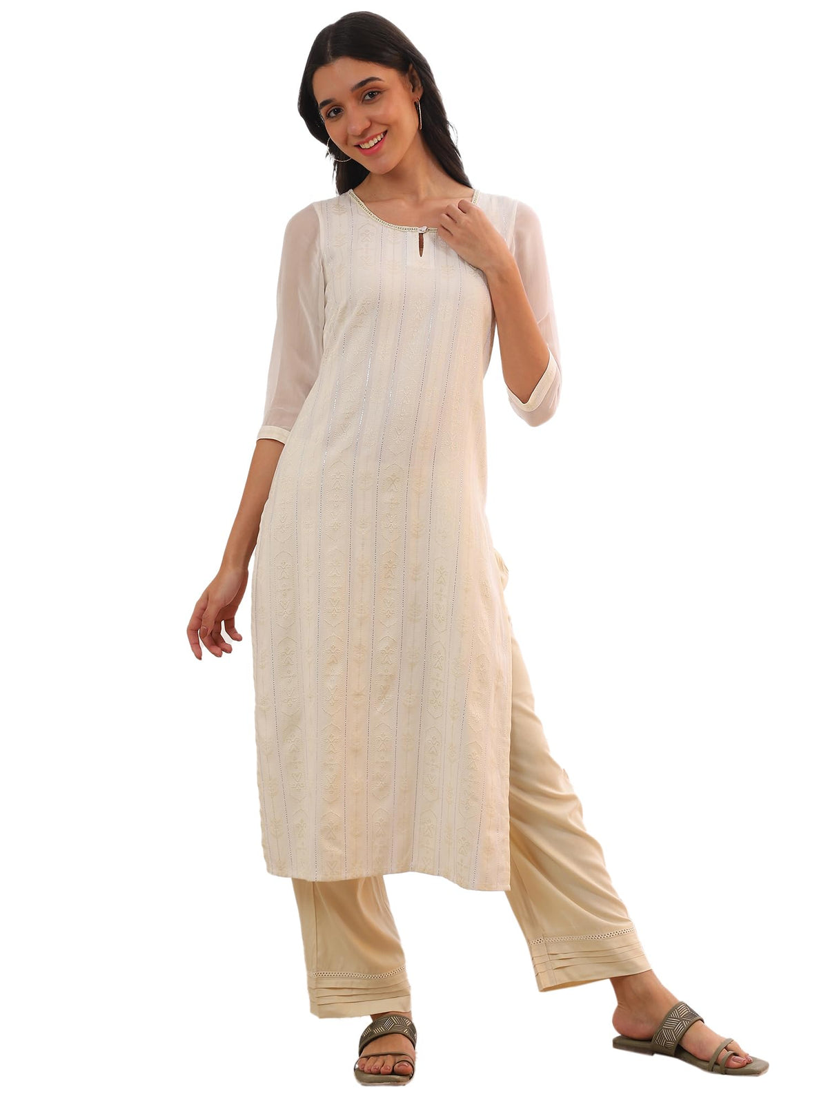Aurelia Womens Off White Yarn Dyed Cotton Blend Straight Kurta (Size: L)-A15539-704786