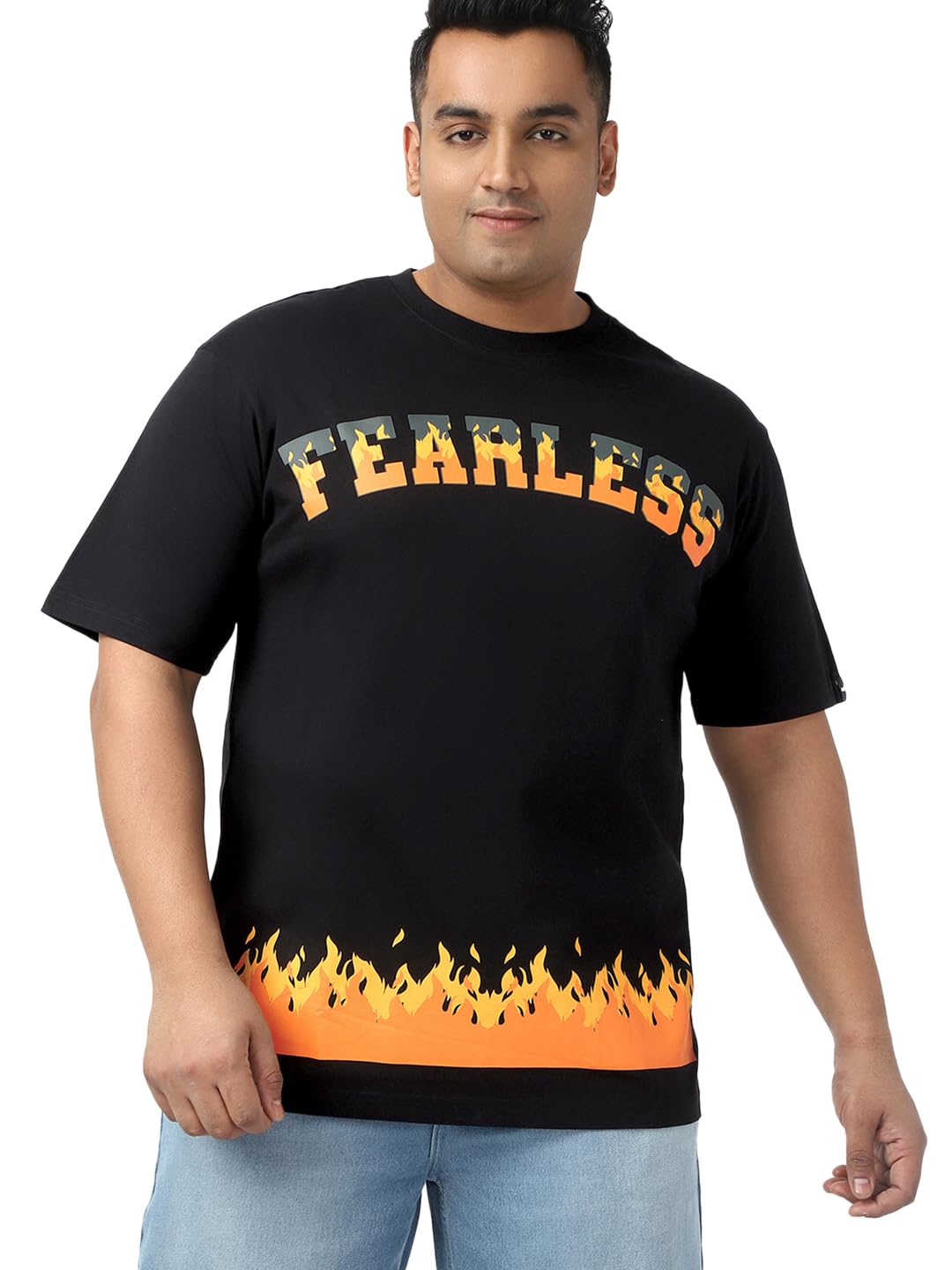 Bewakoof Plus Mens Graphic Print Oversized Fit Half Sleeve Round Neck Cotton Jersey Plus Size T-Shirt_652584_Black_5XL