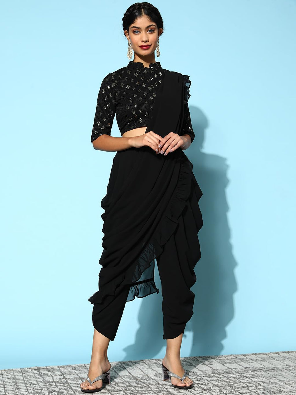 Libas WomenS Pure Georgette Saree (34064O_Black)