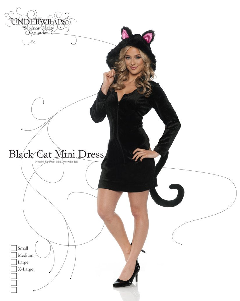 UNDERWRAPS Women's Hooded Black Cat Costume - Mini Dress w/Tail, Medium