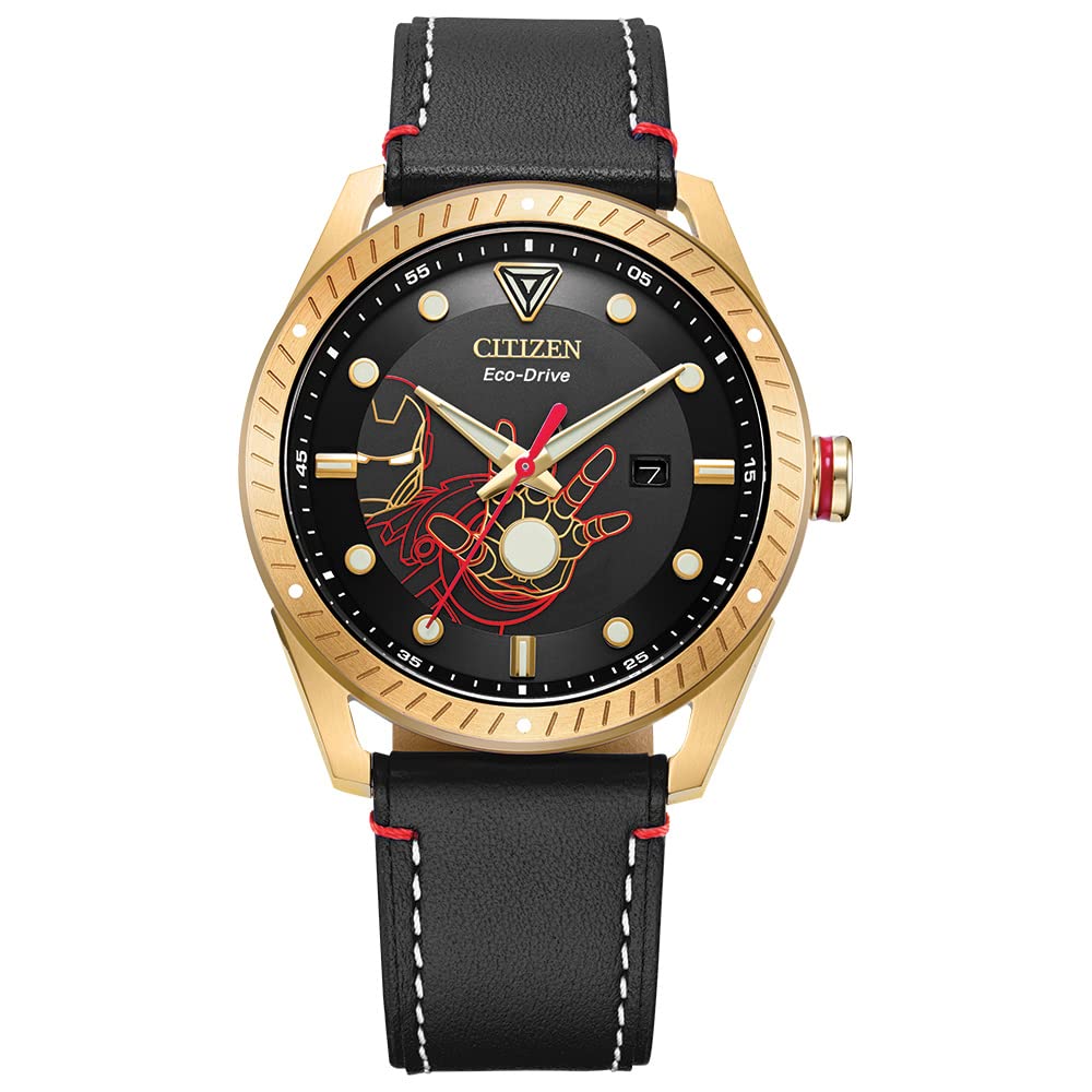 Citizen Eco-Drive Men's Marvel Tony Stark Gold Tone Stainless Steel Watch with Black Leather Strap, Arc Reactor, Luminous, 43mm 