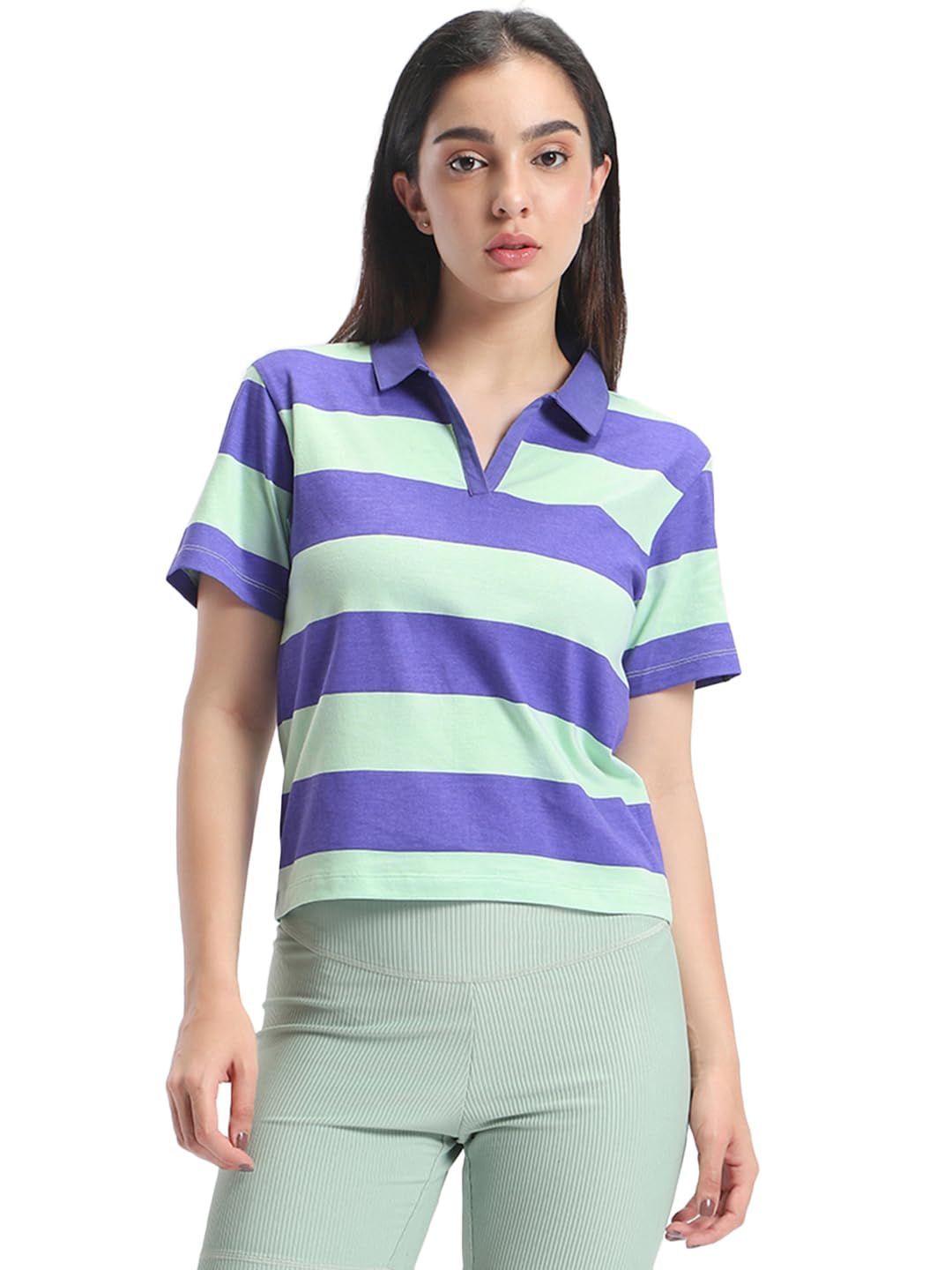 Bewakoof Womens Striped Regular Fit Half Sleeve Polo 100% Cotton Plus Size T-Shirt_644676_Blue_4XL