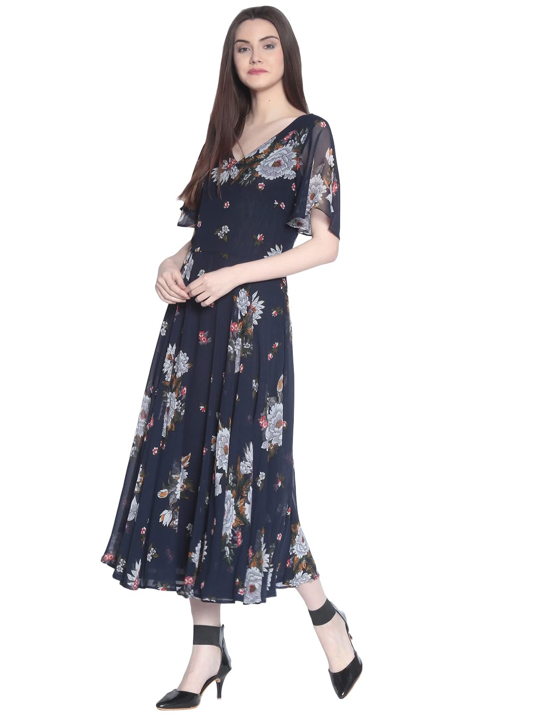 Rare London Women Synthetic A-Line Calf Length Dress (Ep3153)