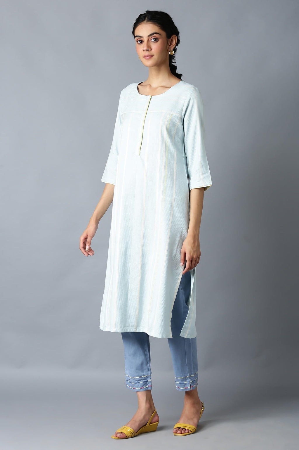 W For Woman Light Blue Vertical Striped Regular Kurta