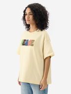 The Souled Store Peace Women and Girls Short Sleeve Round Neck Off White Towel Patch Embellished Cotton Oversized T-Shirts