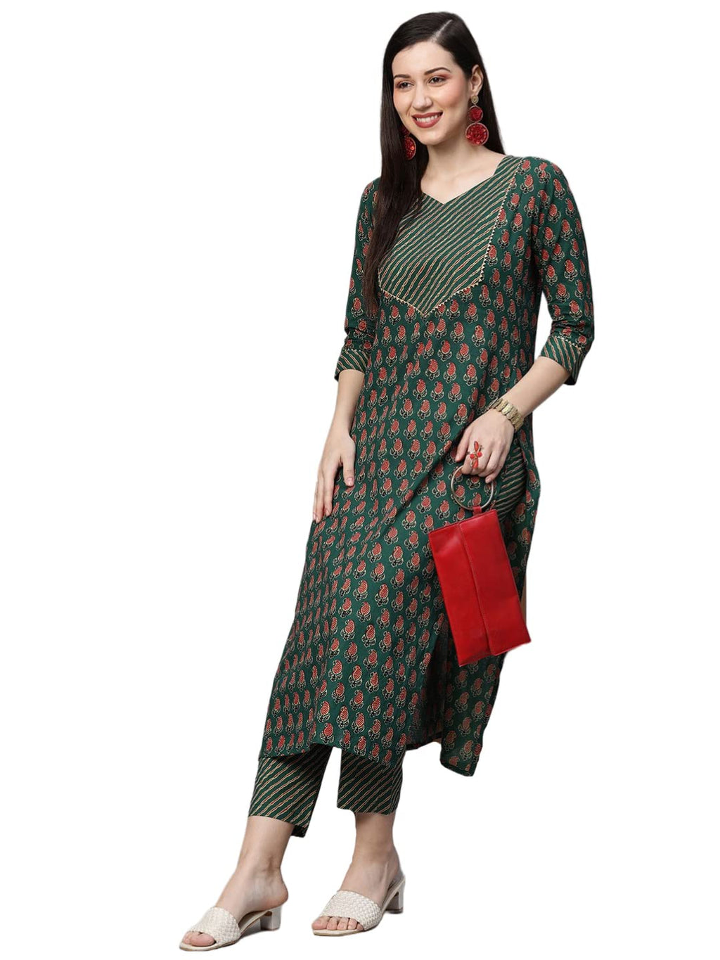 ANNI DESIGNER Women's Cotton Blend Traditional Straight Printed Kurta and Pant Set (Grape Green_S_Green_Small)