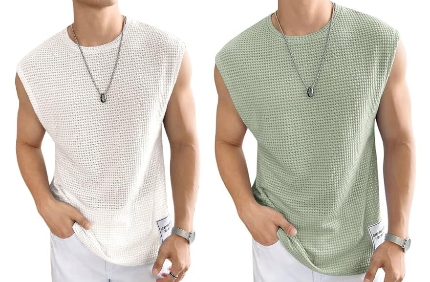 Treaddown MenS Waffle Tank Tops  Sleeveless Round Neck Polycotton Vest TShirts For Gym, Workout & Casual Wear(Pack Of 2)