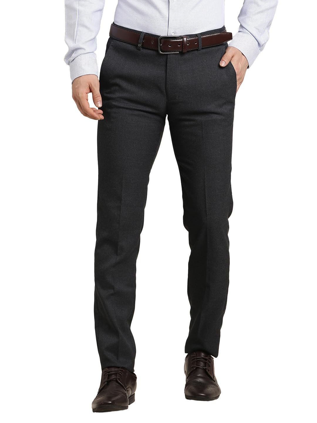 Turtle Men Dark Grey Slim Fit Dobby Flat Front Polyviscose Stretch Formal Trouser