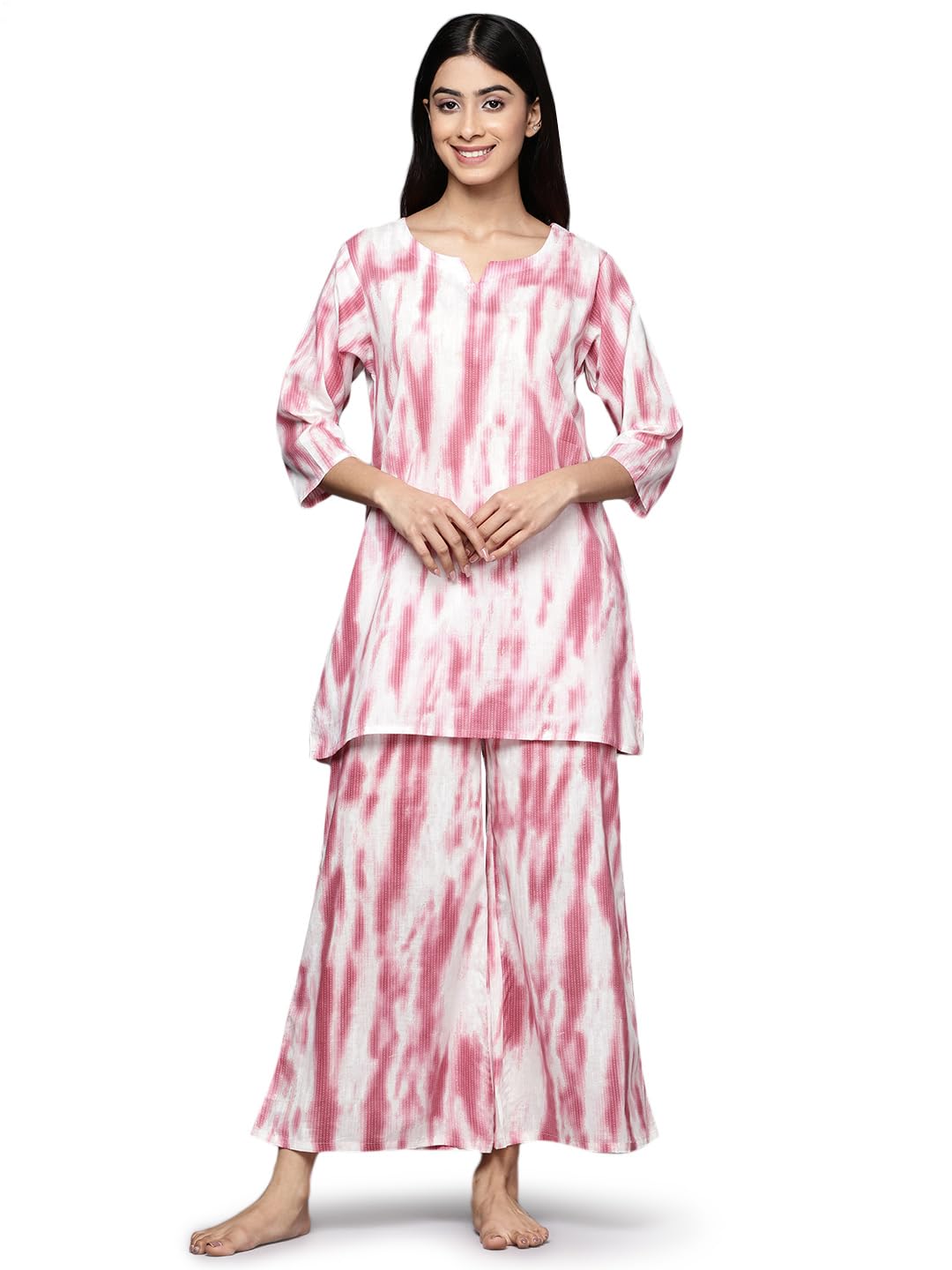 Libas Women Ankle Length Pure Pink Printed Cotton Night Suit Pajama Top (50148 L)