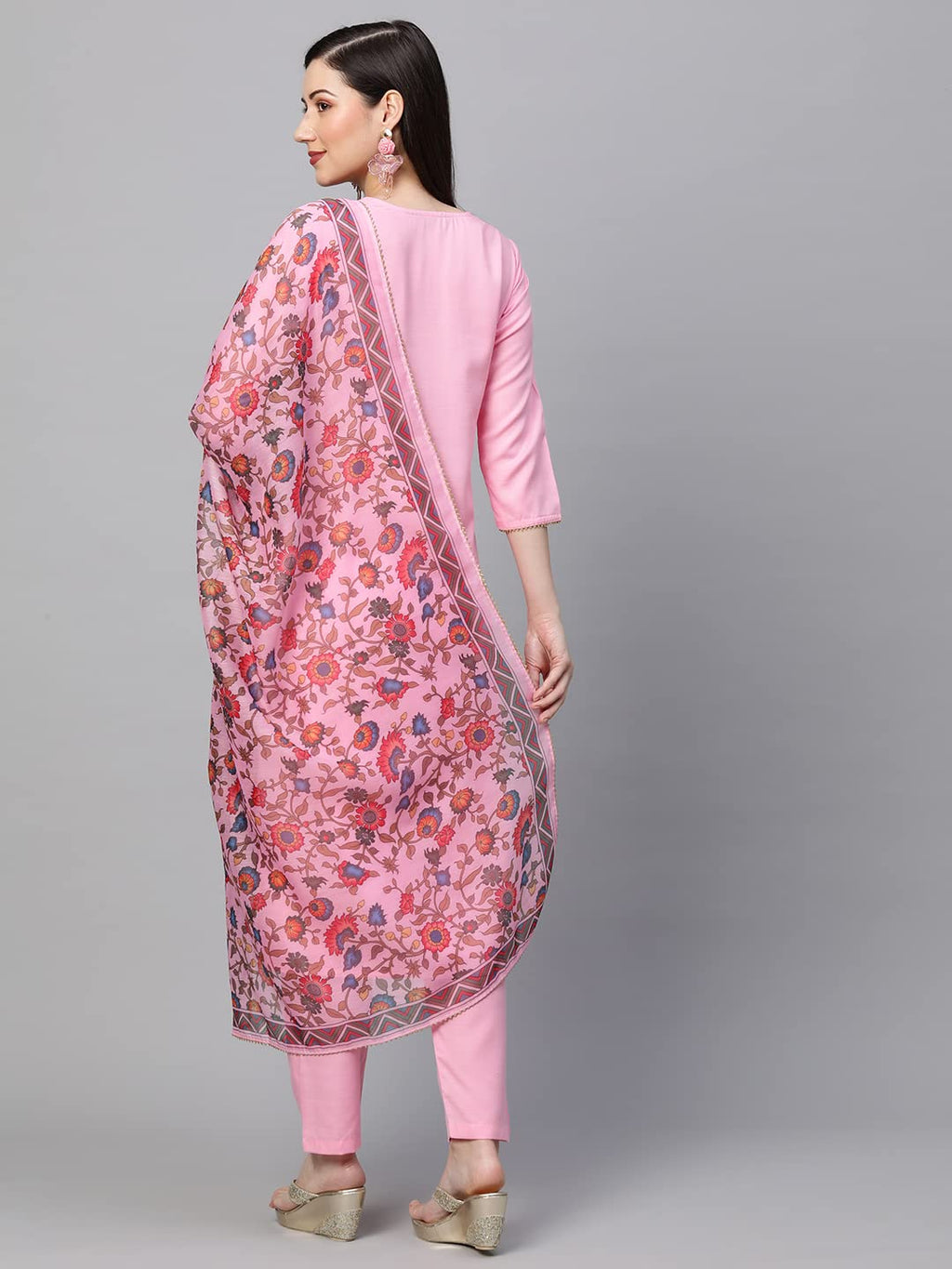 ANNI DESIGNER Womens Cotton Blend Solid Straight Kurta with Pant & Dupatta (Authentic-Baby Pink_S_Baby Pink_Small)
