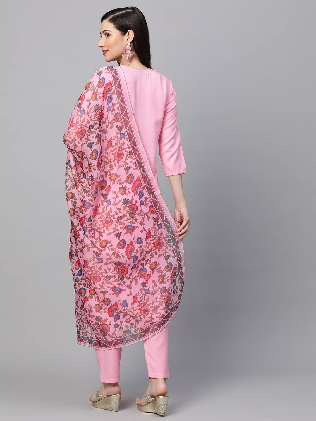 ANNI DESIGNER Womens Cotton Blend Solid Straight Kurta with Pant & Dupatta (Authentic-Baby Pink_S_Baby Pink_Small)