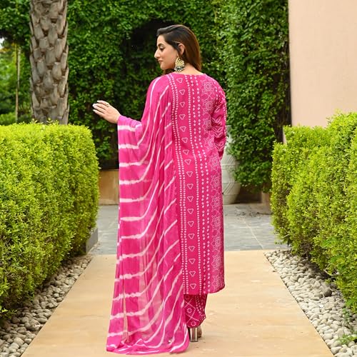 ANNI DESIGNER Womens Rayon Blend Straight Bandhej Printed Kurta with Pant & Dupatta (Baghira Pink_S_Pink_Small)