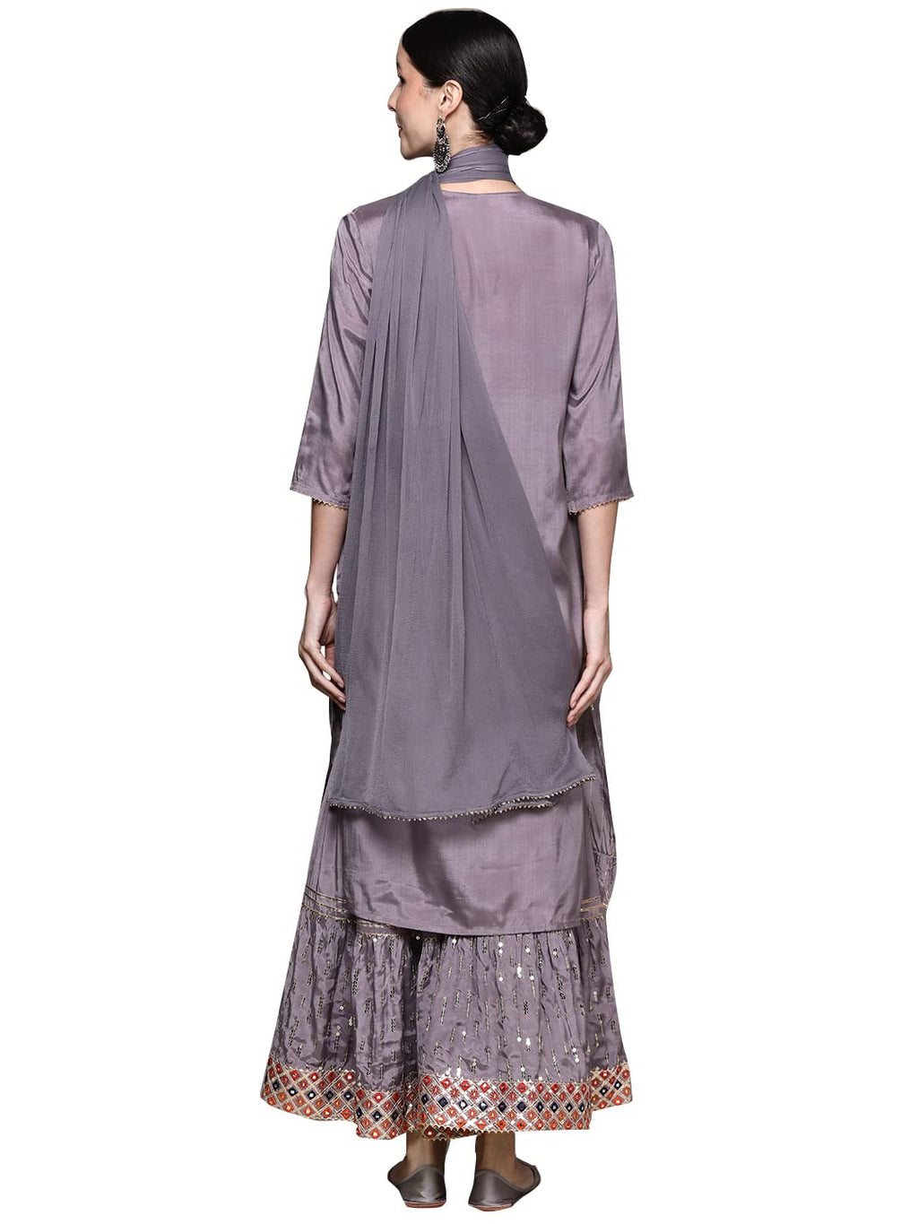 Ishin Women'S Mauve Embellished A-Line Kurta Set With Sharara And Dupatta