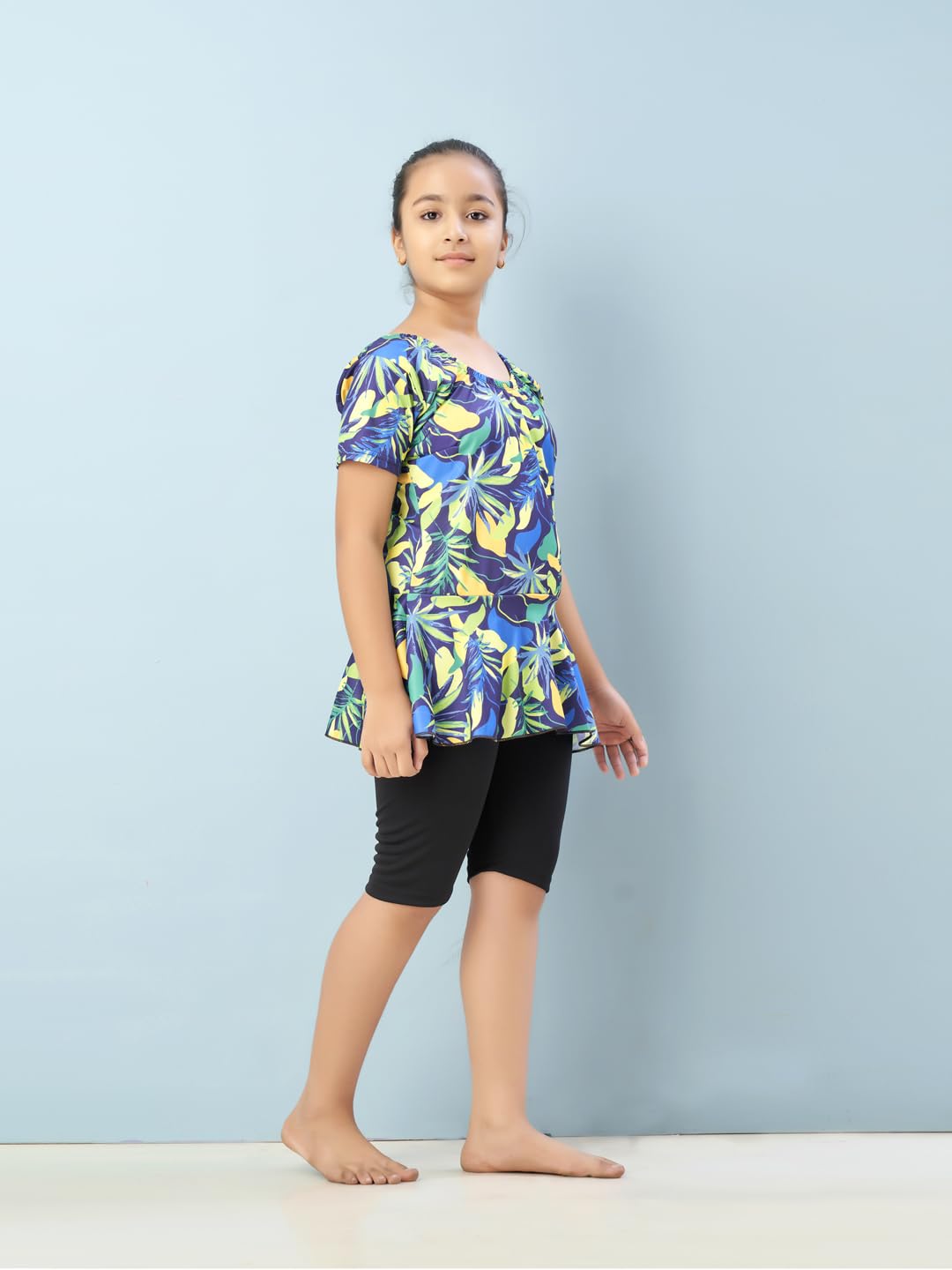 Aarika Girls Sports Wear Yellow Black Colour Floral Print Nylon Swim Suit (5-15 Years)-(SW-SHM-CA-1114)