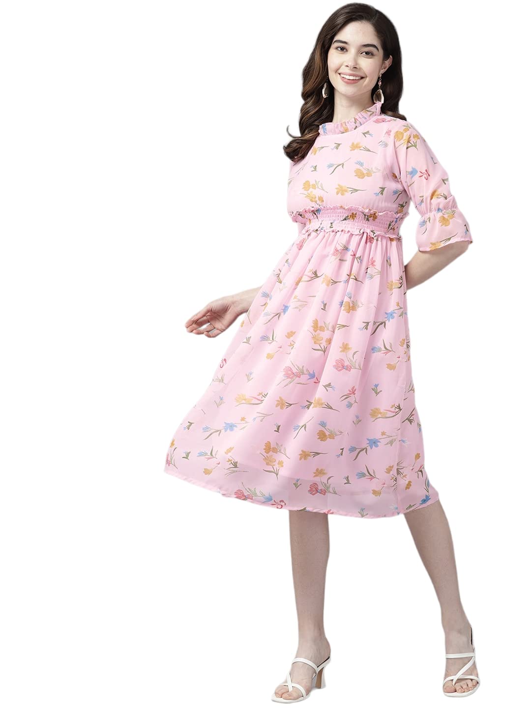 Aarika WomenS Georgette Fit And Flare Knee-Length Dress (Md-W-2742_Pink