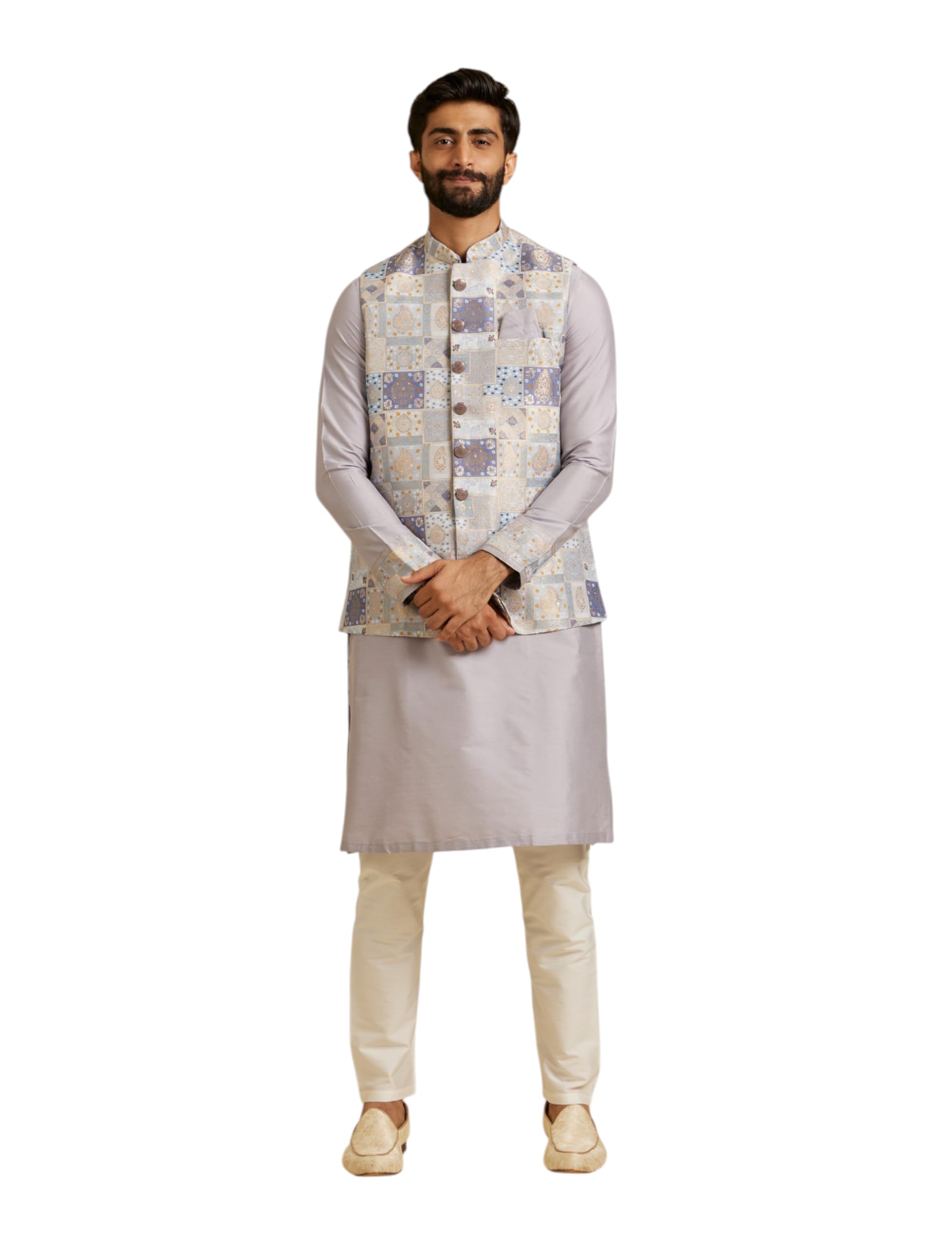 Manyavar Mens Art Silk Abstract Print Regular Kurta Jacket Set (Purple,XL)