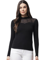 POPWINGS Women Casual Black Ribbed Net Top for Women || Turtle Neck Net Fabric Top for Women || Full Sleeves Tops for Women || L