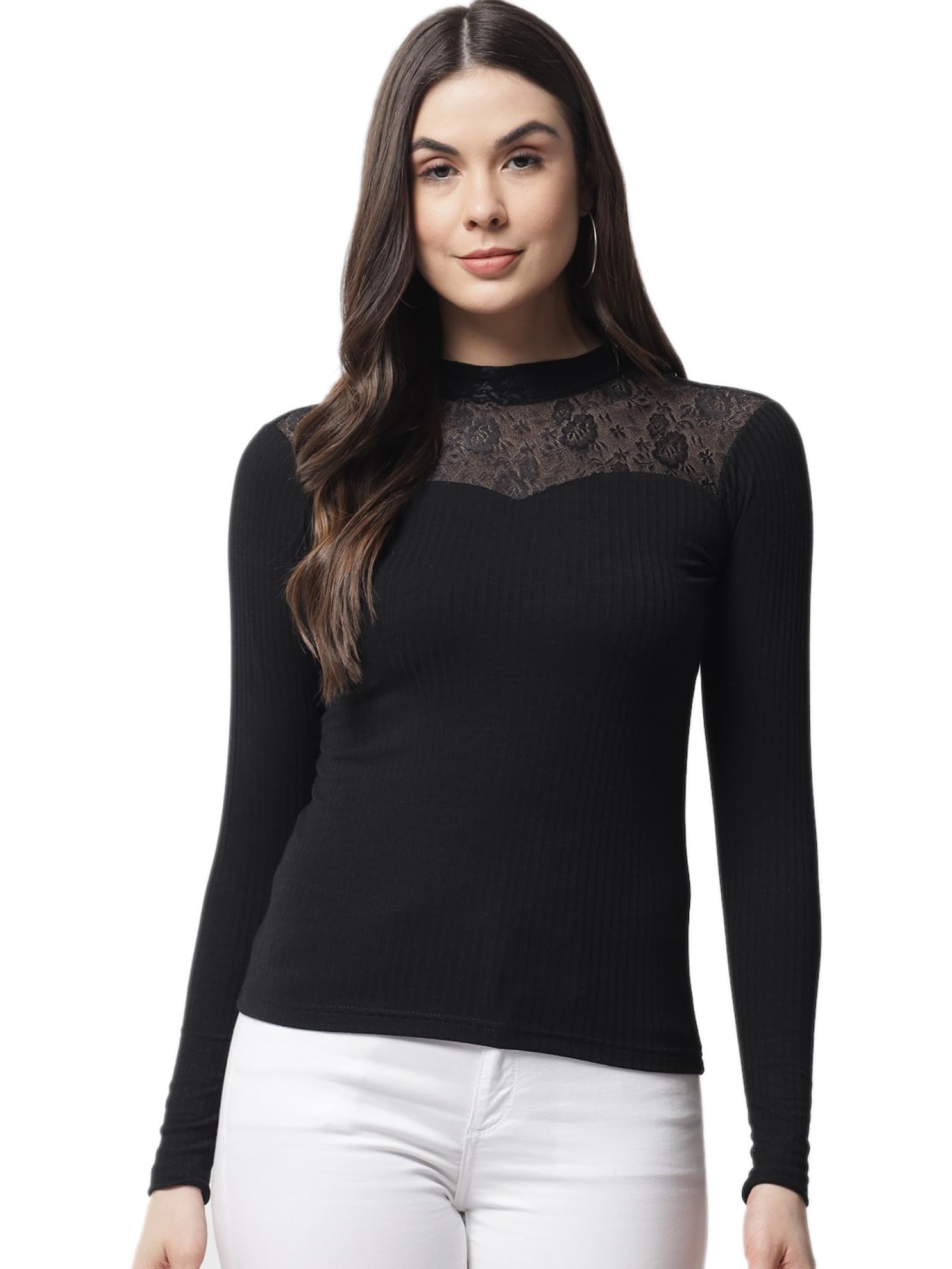 POPWINGS Women Casual Black Ribbed Net Top for Women || Turtle Neck Net Fabric Top for Women || Full Sleeves Tops for Women || L