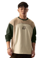 The Souled Store Naruto Shippuden: Konoha Leaf Men and Boys Round Neck Beige Colour Block Cotton Oversized Full Sleeve T-Shirts