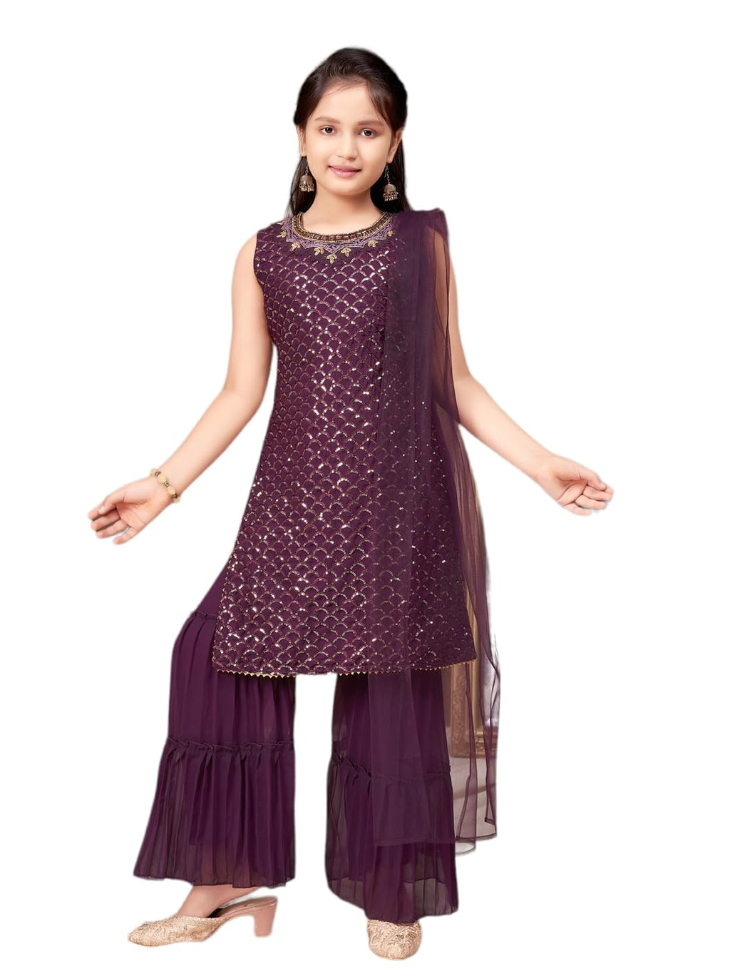 Aarika Girls Ethnic Wear Purple Colour Sequin Embroidery Georgette Kurti Sharara Set (4-10 Years)
