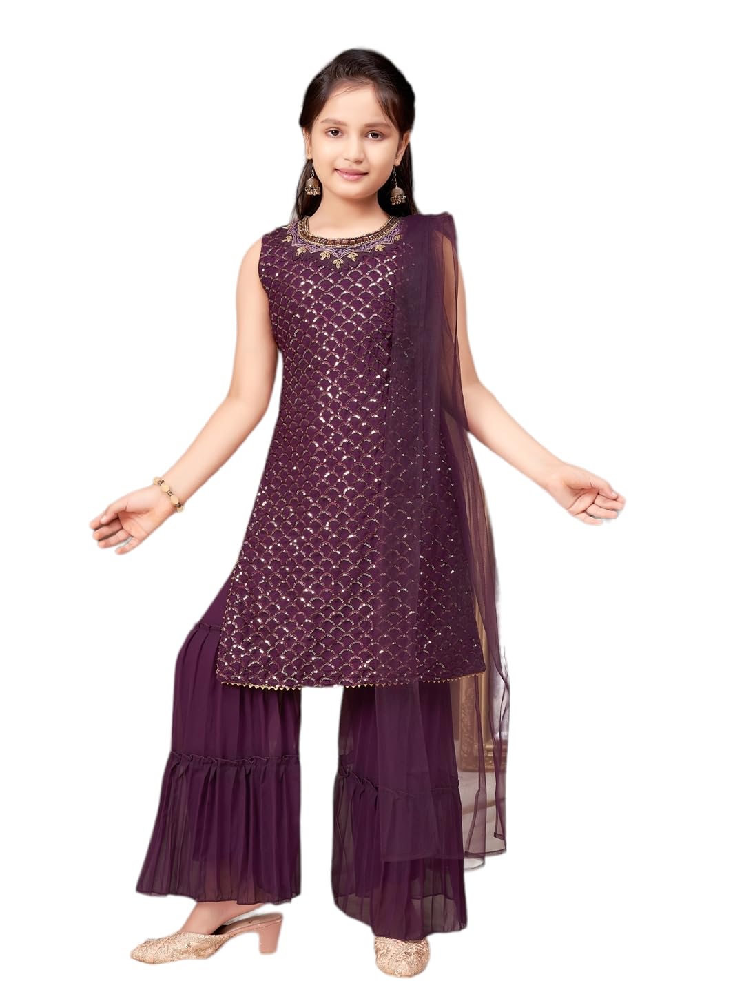Aarika Girls Ethnic Wear Purple Colour Sequin Embroidery Georgette Kurti Sharara Set (4-10 Years)