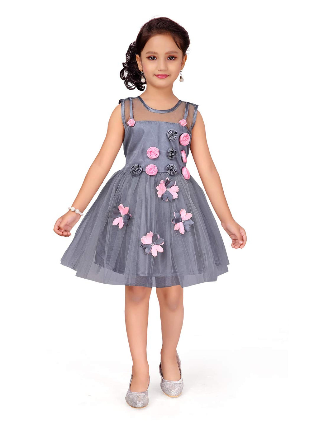 Aarika Girls Fit And Flare Knee Length Dress Grey 2 Years-3 Years
