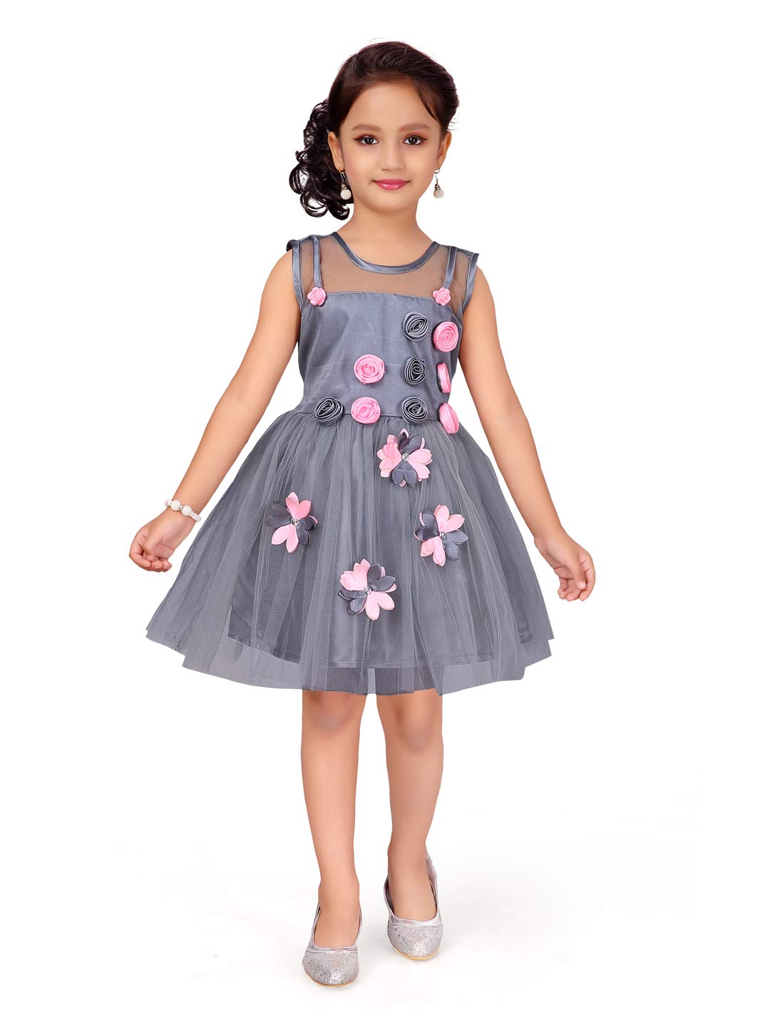Aarika Girls Fit And Flare Knee Length Dress Grey 2 Years-3 Years