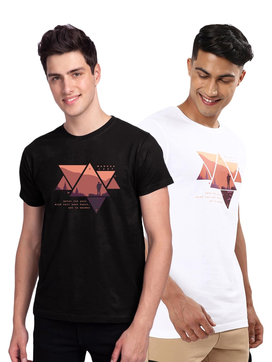 Bewakoof Mens Your Heart Wander Printed 100% Cotton T-Shirts (Pack of 2) - Regular Fit, Round Neck, Half Sleeves_601764_White_X