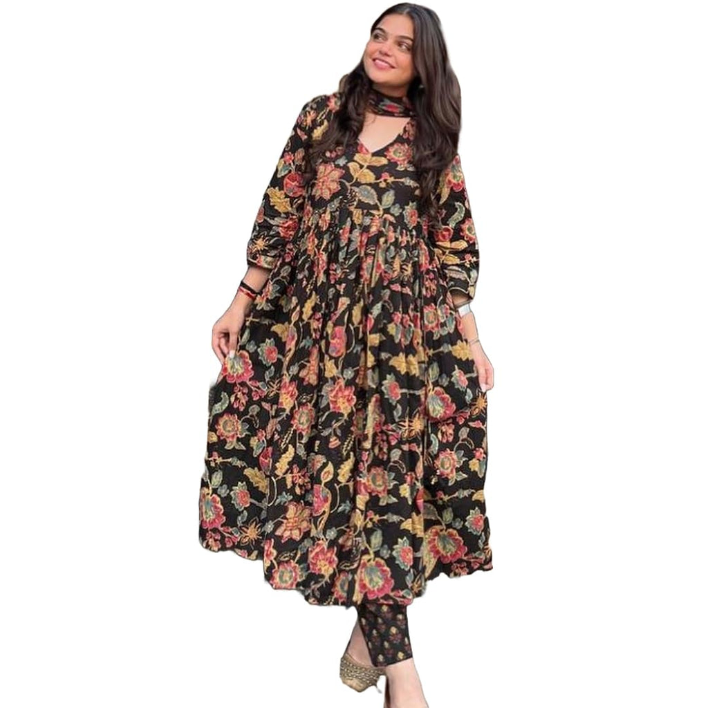 ANNI DESIGNER Womens Rayon Blend Floral Straight Kurta with Palazzo & Dupatta (CIA-CLRS_2901_Black_Small)