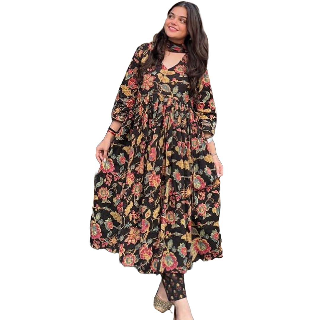 ANNI DESIGNER Womens Rayon Blend Floral Straight Kurta with Palazzo & Dupatta (CIA-CLRS_2901_Black_Small)