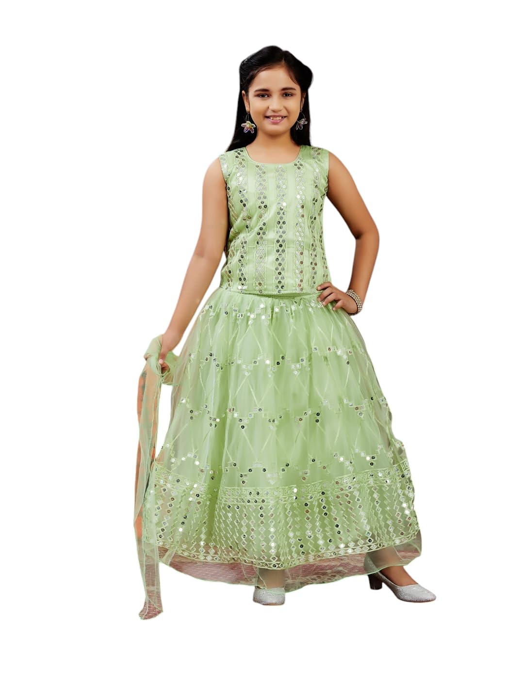 Aarika Girls Ethnic Wear Sea Green Colour Sequin Embroidery Net Lehenga Choli Set (4-10 Years)