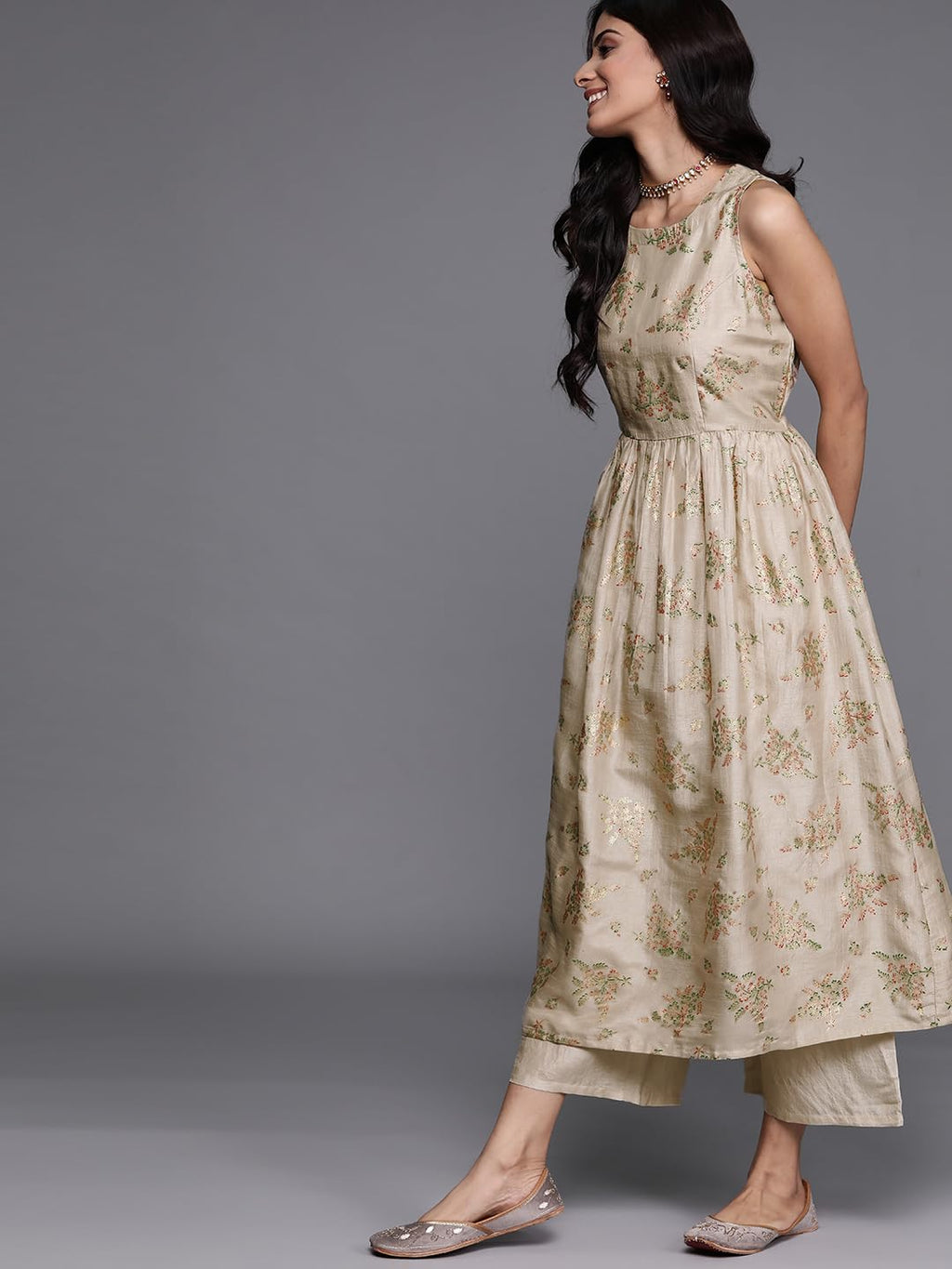 Libas Womens Printed Silk Blend A-Line Kurta With Palazzos And Dupatta