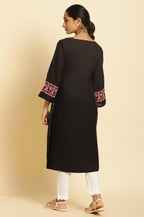 W For Woman Black Embroidered Rayon Blend Straight Long Kurta