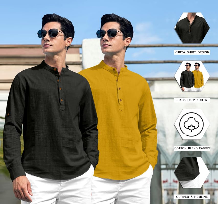 Royalscout Combo Of MenS Solid Cotton Blend Full Sleeve Straight Kurta Shirt (Pack Of 2) Black-Gold