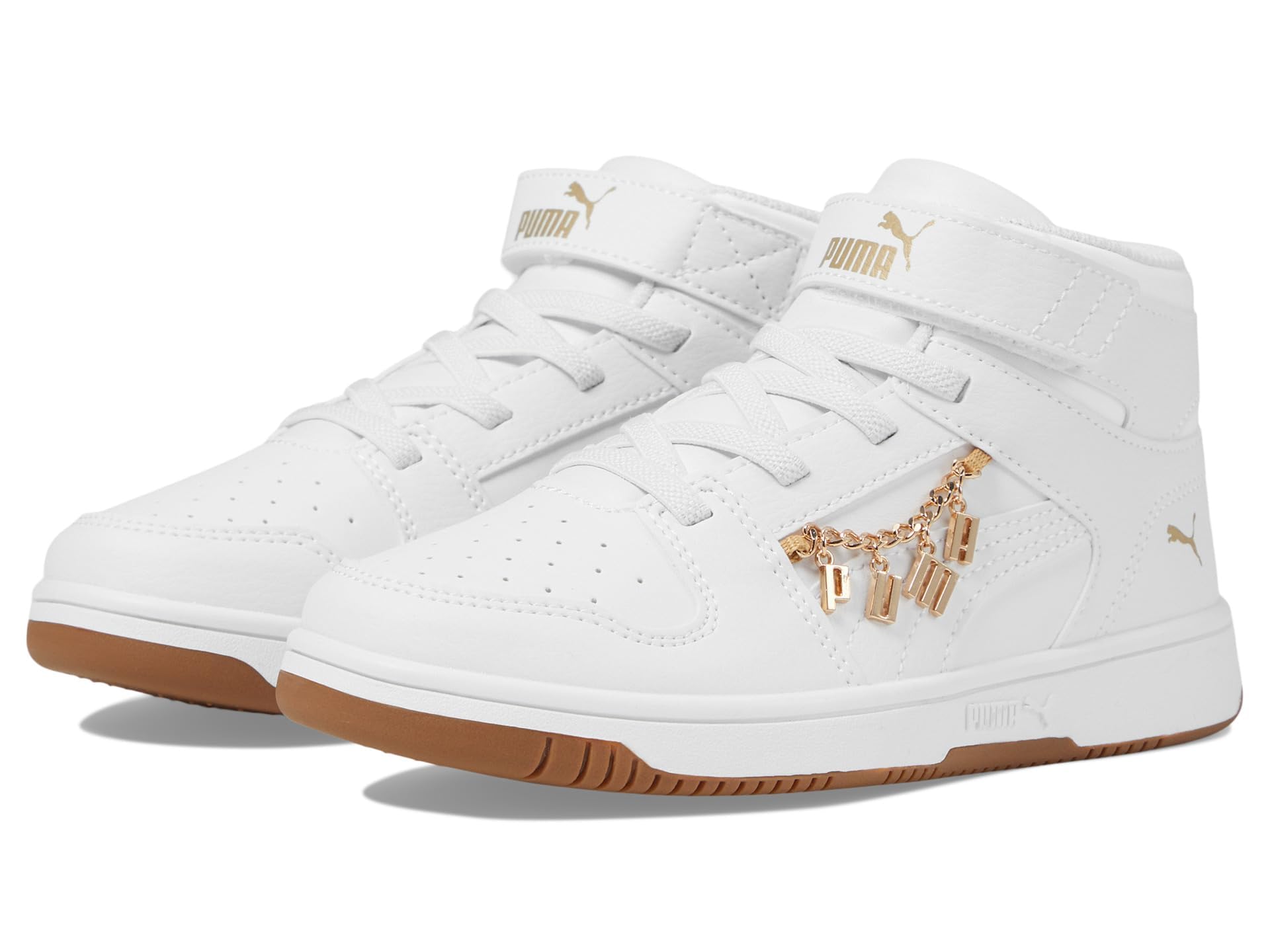 PUMA Rebound Layup Mid Hook and Loop Sneaker, White White Gold, 11 US Unisex Little Kid