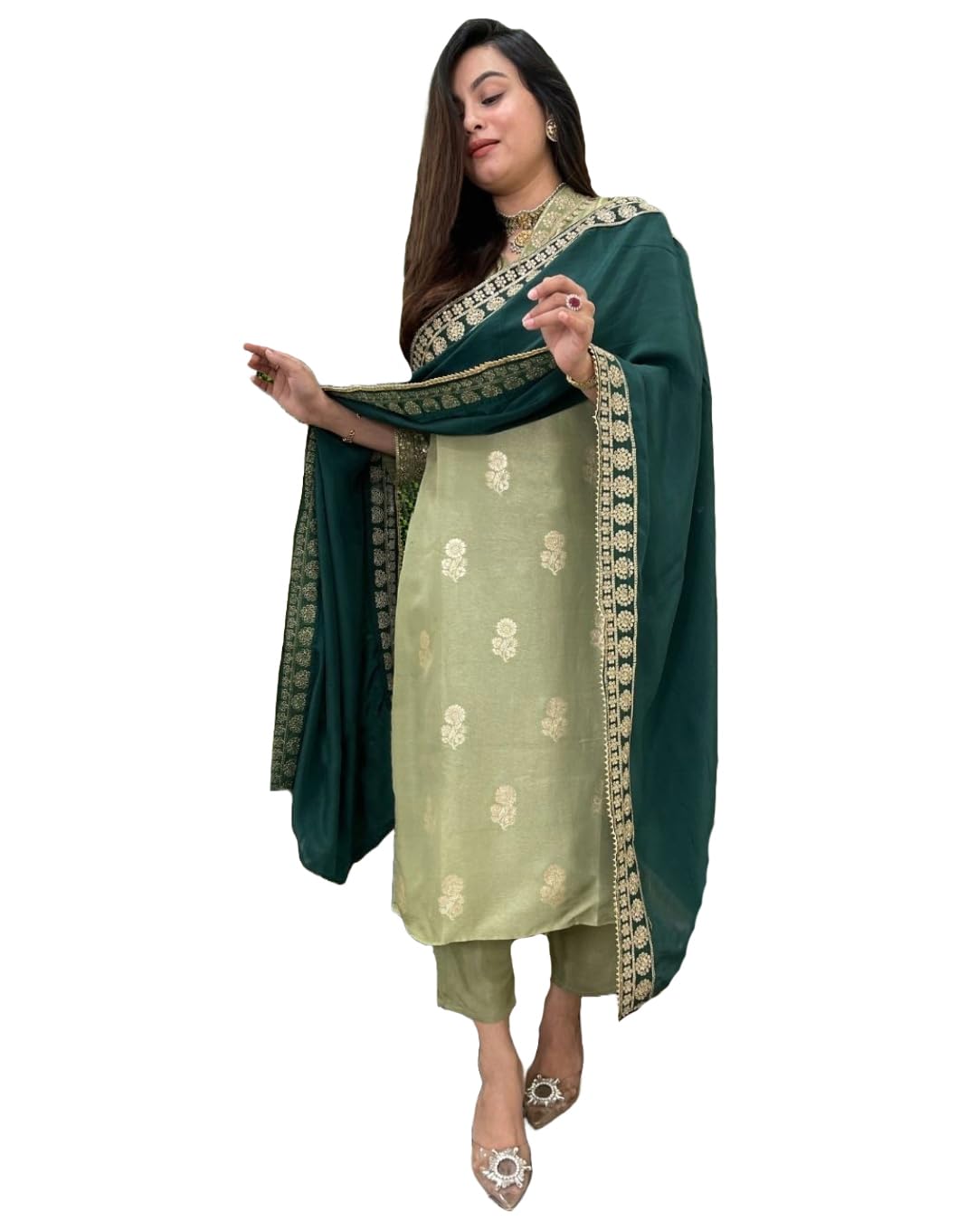 ANNI DESIGNER Womens Rayon Viscose Printed Straight Kurta with Pant & Dupatta (UDH PISTA-VKS01_XL_Pista_X-Large)