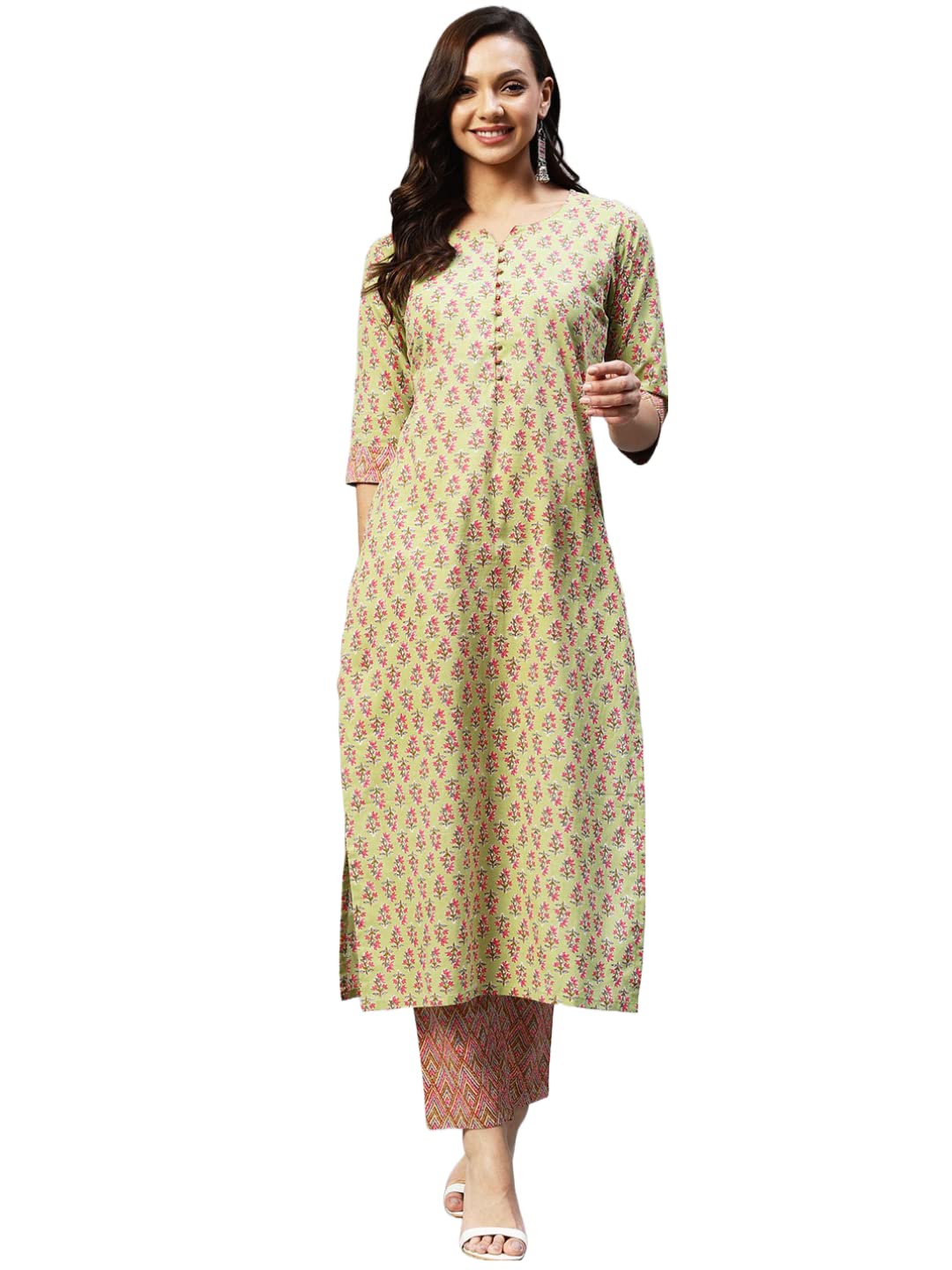 Gosriki Women'S Cotton Blend Straight Printed Kurta With Palazzo (Padwil Green_3Xl-Go_ Green_Xxx-Large)