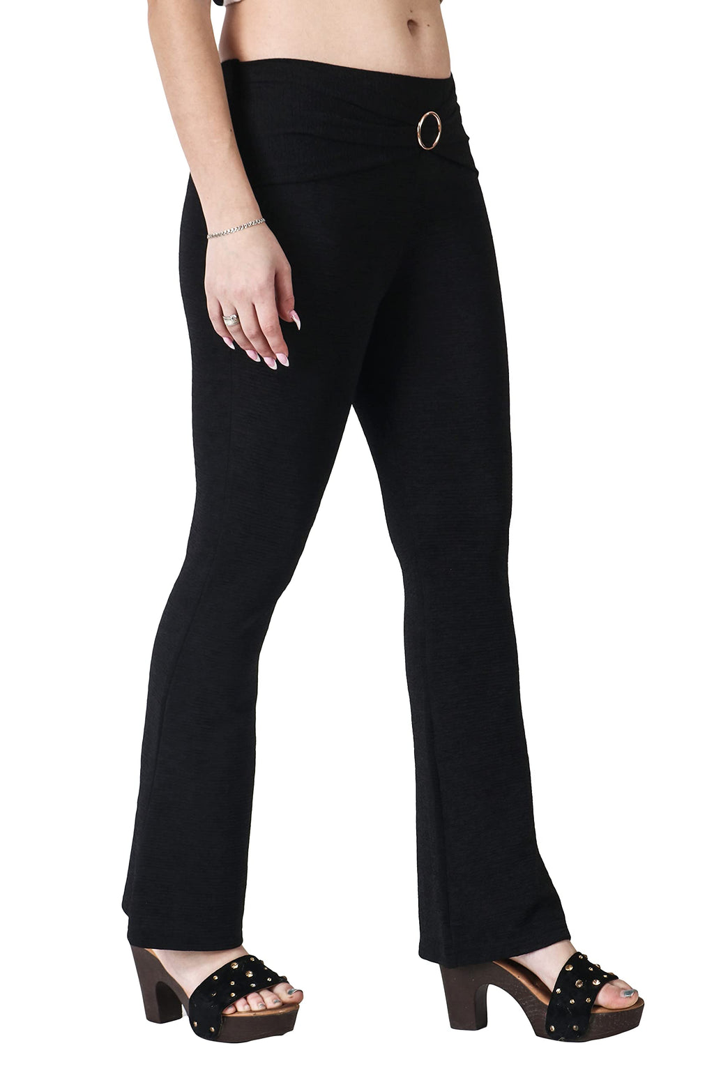 POPWINGS Solid Full-Length Polyester Regular-Fit Casual Bootcut Trouser Pants for Women for Casual Wear Black