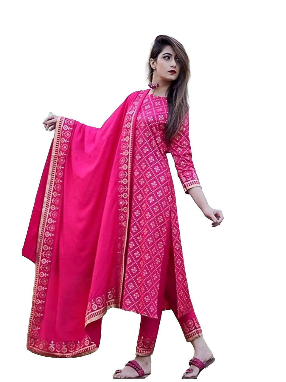 Gosriki Women'S Cotton Foil Printed Straight Kurta With Pant & Dupatta(Navlik-Pink-001_S_Pink_Small)