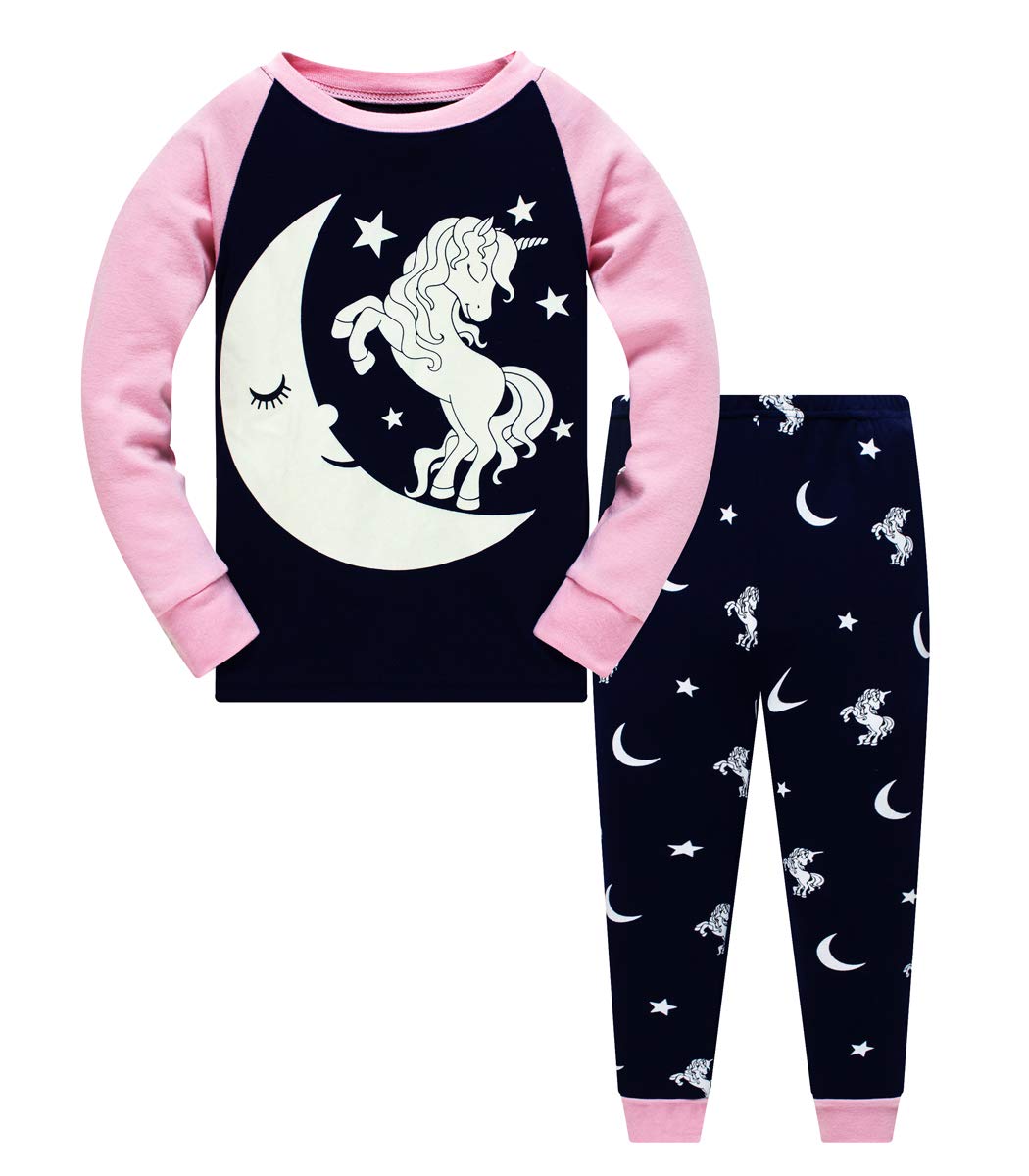 Toddler Girl Pajamas Sets Long Sleeve Cotton Pajamas Baby Girls Clothes PJs Two Piece Kids Jammies 2 to 10 Years, Unicorn(glow i 5