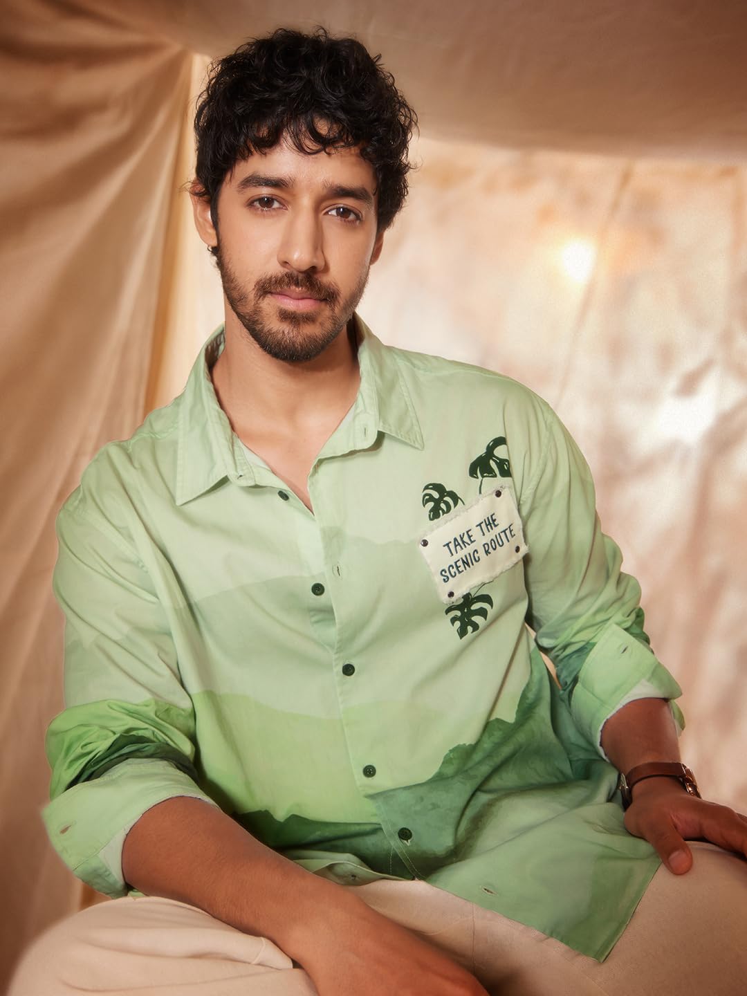 The Souled Store Scenic Route Men and Boys Long Sleeves Collared Neck Green Printed Cotton Relaxed Shirts