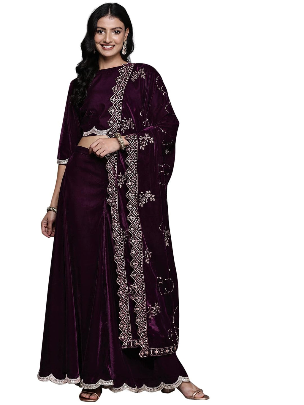 Libas Womens Solid Velvet Co-Ord Set For Women