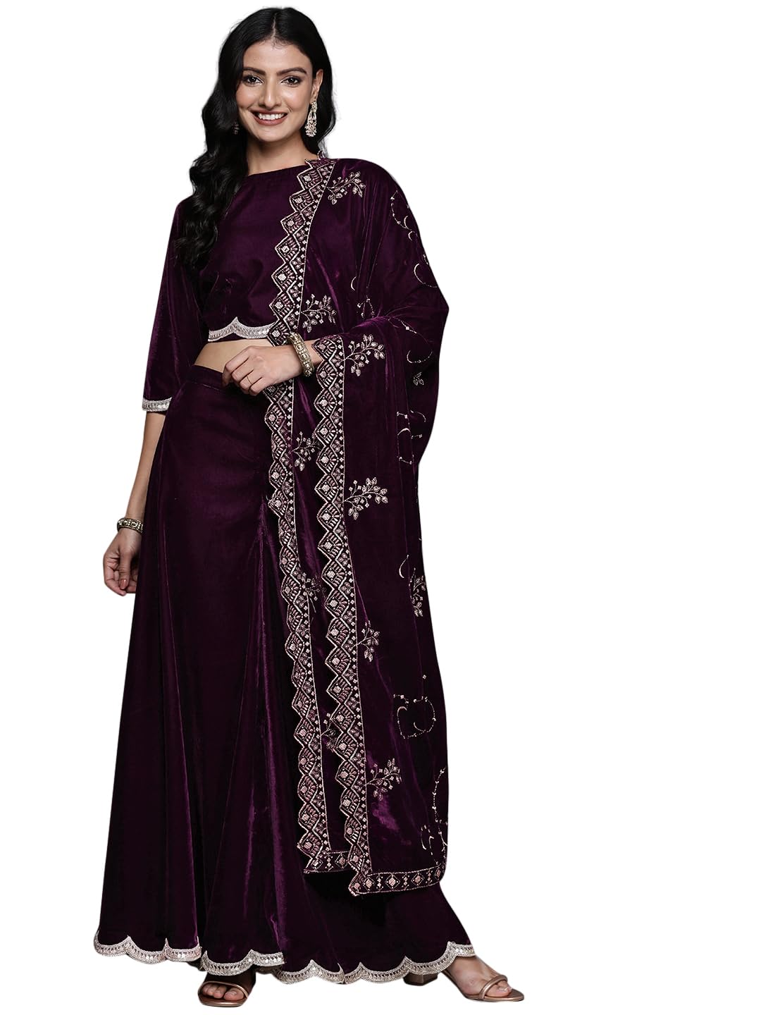 Libas Womens Solid Velvet Co-Ord Set For Women