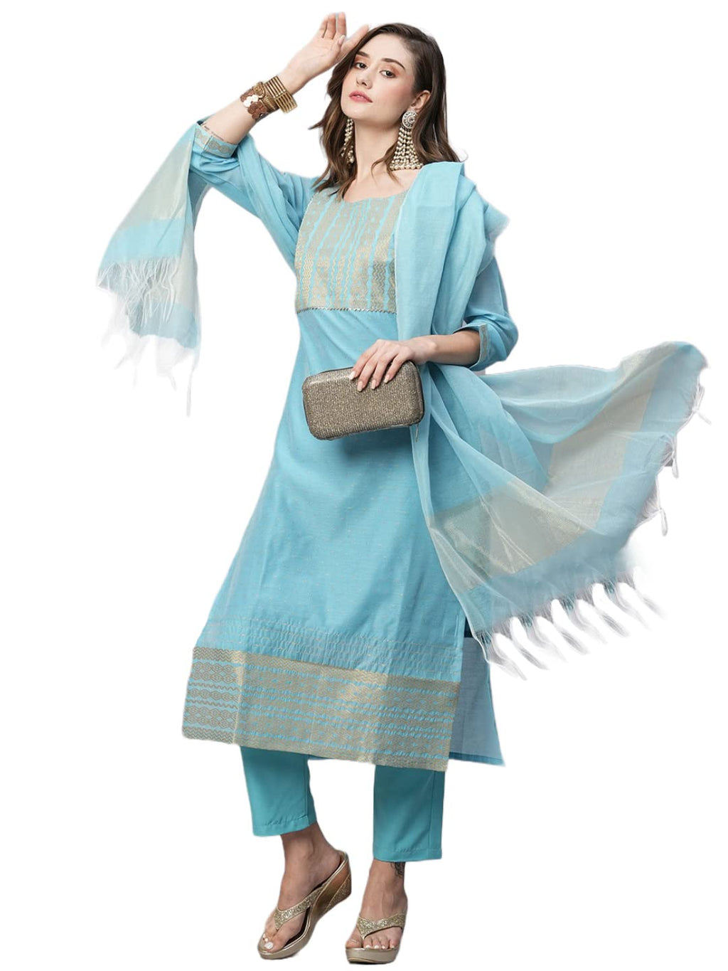 ANNI DESIGNER Womens Cotton Blend Straight Solid Kurta with Pant & Dupatta (Lahar-FIROZI_XXL_Sky Blue_XX-Large)