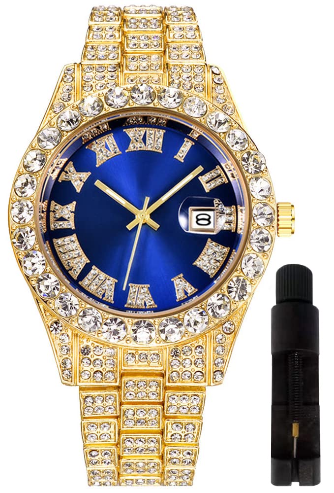 Hip Hop Watches for Men Iced-Out Bling Diamond Luxury Quartz Watches with Date (XL face-Gold Blue)