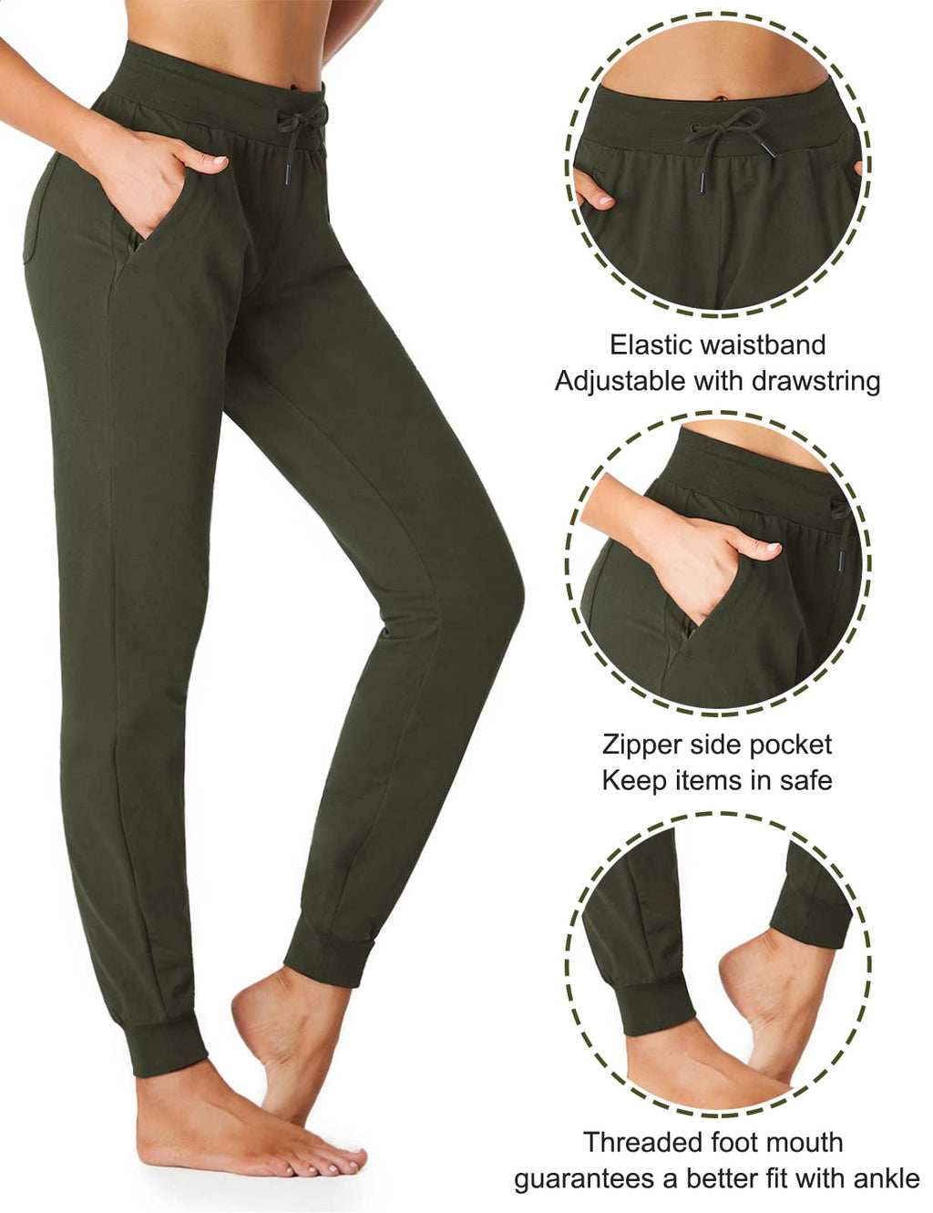SEVEgO Lightweight Womens 34 Tall Inseam cotton Soft Jogger with Zipper Pockets cargo Pants Army green X-Small