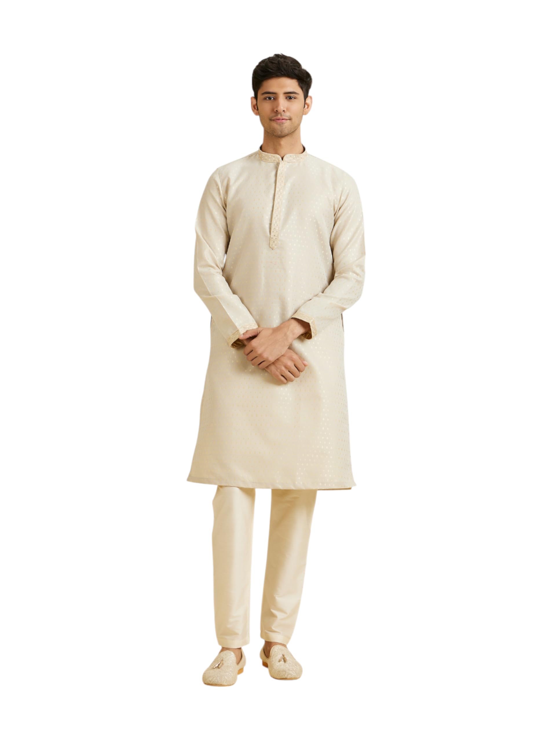 Manyavar Mens Brocade Golden Print Kurta Pyjama Set(Natural,XL)