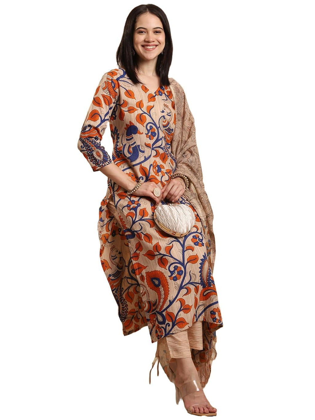 ANNI DESIGNER Ladies Rayon Blend Kurta with Trousers and Dupatta, beige, L