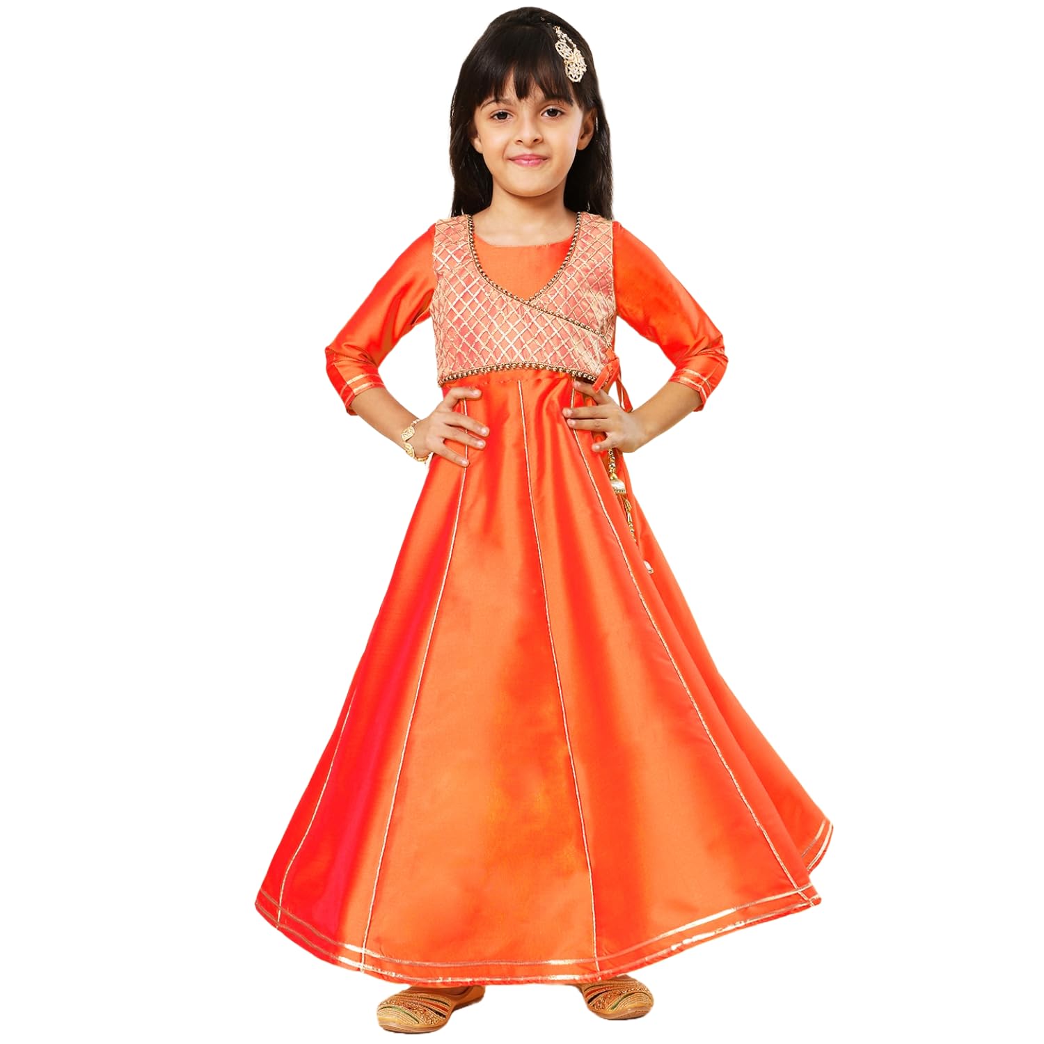 A.T.U.N. (ALL THINGS UBER NICE) Girls Woven Design Gota Jacket Anarkali Gown Orange