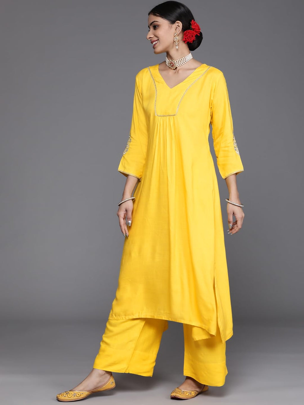 Varanga Women Yellow Solid Kurti With Palazzos & Dupatta